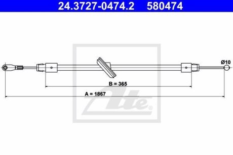 Трос ручника (центральний) MB Sprinter/VW Crafter 06- (1867/365mm) ATE 24.3727-0474.2
