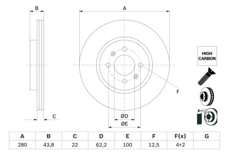 Передний тормозной диск Hyundai i20 15-/Kia Rio III/IV 11- (280x22) BOSCH 0 986 479 E98