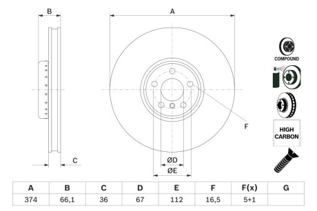 Гальмівний диск BMW 340/550/550/725-750/X5 \'\'FR d=374mm \'\'15>> BOSCH 0986479F54