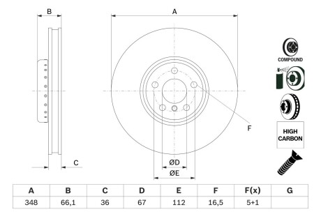 Передний тормозной диск BMW 5 (G30/F90)/7 (G11/G12) 15- (348x36) (L) BOSCH 0 986 479 F58