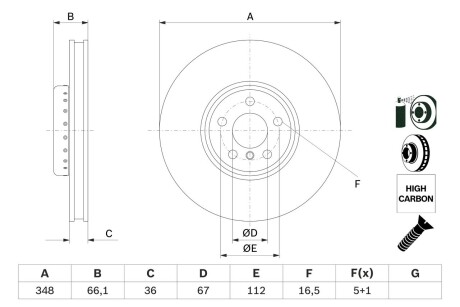 Передний тормозной диск BMW 5 (G30/F90)/7 (G11/G12) 15- (348x36) (правый) BOSCH 0 986 479 F59 (фото 1)