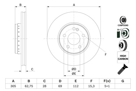 Передний тормозной диск MB C-class (W205)/E-class (W213) 13- (305х28) BOSCH 0 986 479 G41 (фото 1)