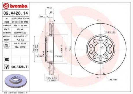 Тормозной диск вентилируемый BREMBO 09.A428.14 (фото 1)