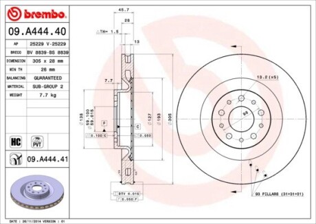 Диск тормозной передний, 09- 305mm*5отв. BREMBO 09.A444.40