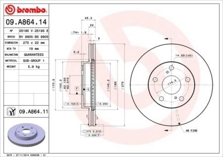 Тормозной диск вентилируемый BREMBO 09.A864.14 (фото 1)