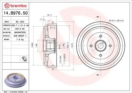 Гальмівний барабан C3 09-/208 12- (228,7x51,2mm)/к-т з підшипн. BREMBO 14.B976.50