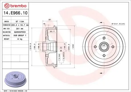 Гальмівний барабан Lanos/Nubira 97- (200,3x53,7mm)/к-т без підшипн. BREMBO 14.E966.10