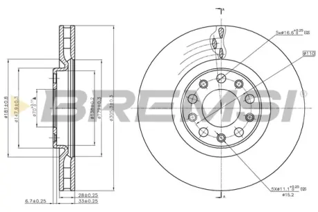 Гальмівний диск перед. FIAT 500X/RENEGADE SUV 1.3-2.0 14- (305x28mm) Bremsi CD7451V