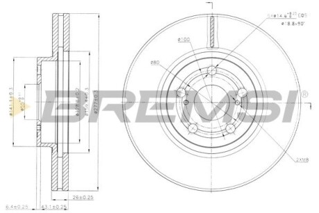 Тормозной диск перед. Toyota Avensis 03-08 (277x26) Bremsi CD7508V