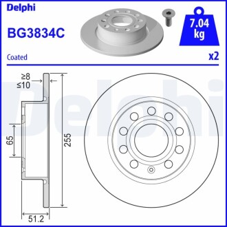 Диск тормозной audi/seat/vw a3/altea/leon/toledo/octavia/yeti/caddy/golf &quot;r d=255mm &quot;03 Delphi BG3834C (фото 1)