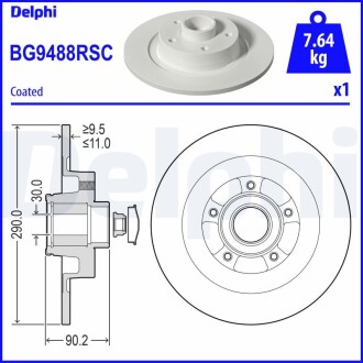 Диск гальм. задній RENAULT GRAND SCENIC IV 16- (+підшипник + кільце ABS) Delphi BG9488RSC