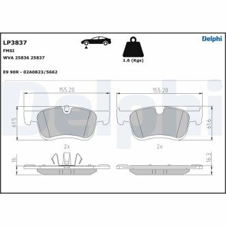 CITROEN передні гальмівні колодки CITROEN BERLINGO, BERLINGO/MINIVAN, C4 GRAND PICASSO II, C4 PICASSO II, C4 SPACETOURER, GRAND C4 SPACETOURER OPEL COMBO TOUR / LIFE, COMBO/MINIVAN 1.2-2.0D 02.13- Delphi LP3837