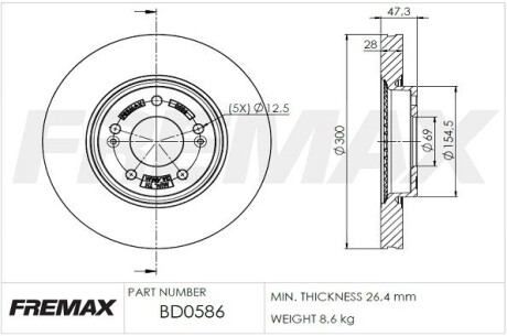 Диск гальмівний передній, 300mm hyundai i40, ix35, sonata; kia optima, sportage 04- FREMAX BD-0586