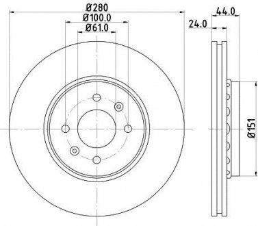 Тормозной диск перед. Kangoo 1.5/1.9dCi/1.6i 01- (4x4)/Megane II/ScenicII (280x24) HELLA 8DD355129-611
