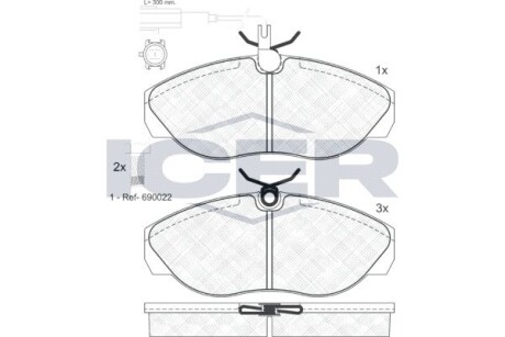 Тормозные колодки передние Citroen Jumper/Fiat Ducato/Peugeot Boxer 94-02 (+датчики L=300mm) ICER 141053-203 (фото 1)