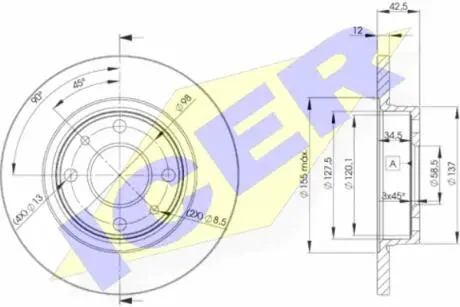 Диск гальмівний (передній) Lada Samara 88-06/ZAZ Tavria 89-07/Slavuta 99-04 (239x12)(з покр.)(повний) ICER 78BD1071-2