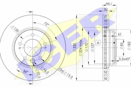 Диск гальмівний (передній) Porsche Cayenne/VW Touareg 02- (330x32) (L) (з покриттям) (вентильований) ICER 78BD3326-1