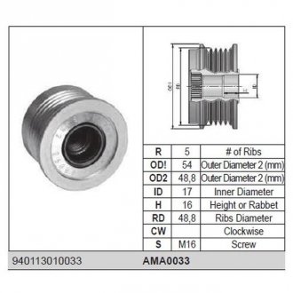 Ременный шкив генератора MITSUBISHI CARISMA,RENAULT 1.9 DTI VOLVO S40, V40 [940113010033] MAGNETI MARELLI AMA0033 (фото 1)