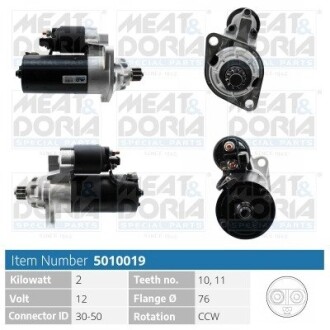 MEATDORIA AUDI Стартер A3 (8L1) 1.8 T 98-03, FORD GALAXY I (WGR) 1.9 TDI 05-06, SEAT TOLEDO II (1M2) 1.9 TDI 03-06, SKODA OCTAVIA I (1U2) 1.8 T 97-10 MEAT & DORIA 5010019