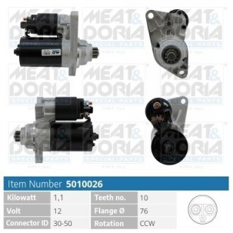 MEATDORIA AUDI Стартер A2 (8Z0) 1.4 00-05, SEAT IBIZA III (6L1) 1.2, SKODA FABIA I Combi (6Y5) 1.4 16V 00-07, VW GOLF IV (1J1) 1.6 FSI 02-05 MEAT & DORIA 5010026