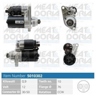 MEATDORIA AUDI Стартер A2 (8Z0) 1.4 00-05, SEAT CORDOBA (6L2) 1.4 16V 02-07, SKODA FABIA I (6Y2) 1.4 16V 99-08, VW GOLF IV (1J1) 1.6 FSI 02-05 MEAT & DORIA 5010302