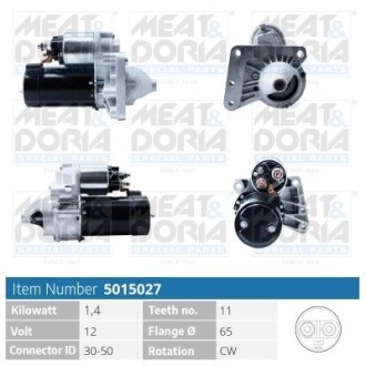 MEATDORIA CITROEN Стартер BERLINGO MULTISPACE (B9) 1.6 HDi 110 10-, C5 III 1.6 HDi 110 08-, FIAT SCUDO 1.6 D Multijet 07-16, PEUGEOT 107 1.4 HDi 05-14, TOYOTA AYGO 1.4 D-4D 05-10 MEAT & DORIA 5015027