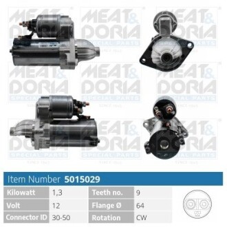 MEATDORIA Стартер (12V, 1,3kW) ALFA ROMEO MITO FIAT DOBLO, DOBLO CARGO, FIORINO, GRANDE PUNTO, IDEA, LINEA, PANDA, PUNTO, QUBO, SIENA LANCIA MUSA OPEL COMBO, COMBO TOUR, CORSA D 1.3D/1.9D 06.03- MEAT & DORIA 5015029