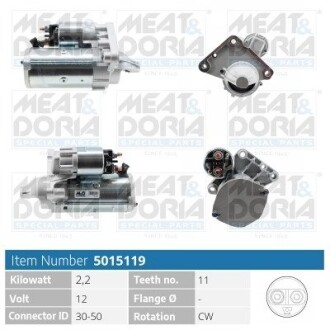 MEATDORIA CITROEN Стартер BERLINGO MULTISPACE (B9) 1.6 HDi 110 08-, C3 II (SC_) 1.6 HDi 115 12-, JUMPY II 2.0 i 07-16, PEUGEOT 2008 I 1.6 HDi 13-, OPEL COMBO E Tour 1.5 18-, SUZUKI SX4 1.6 DDIS MEAT & DORIA 5015119