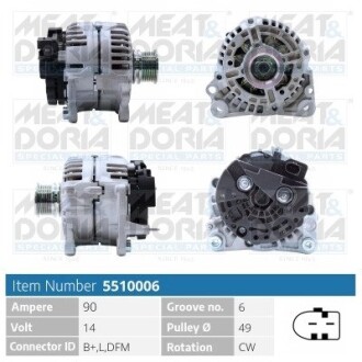 MEATDORIA AUDI Генератор A3 (8L1) 1.6 96-03, SEAT, SKODA, VW MEAT & DORIA 5510006