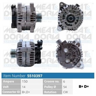 MEATDORIA FIAT Генератор DUCATO 2.0 JTD 01-06, CITROEN C5 I 2.0 HDi 01-04, PEUGEOT, ALFA ROMEO, LANCIA MEAT & DORIA 5510397 (фото 1)