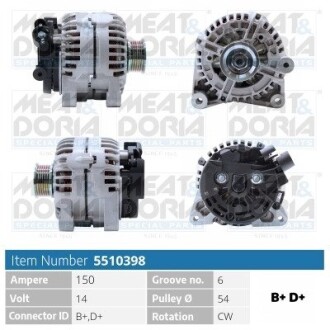 MEATDORIA FIAT Генератор SCUDO 2.0 16V 00-06, CITROEN C5 I 2.0 HDi 01-04, PEUGEOT 206 SW (2E/K) 2.0 HDi 02-07 MEAT & DORIA 5510398 (фото 1)