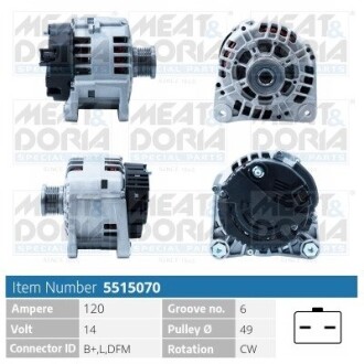 MEATDORIA MITSUBISHI Генератор CARISMA 1.9 DI-D 00-06, OPEL MOVANO A (X70) 1.9 DTI (JD) 01-, VOLVO S40 I (644) 1.9 DI 00-03, NISSAN PRIMASTAR (X83) 1.9 dCi 80 02-, RENAULT LAGUNA II 1.8 16V MEAT & DORIA 5515070