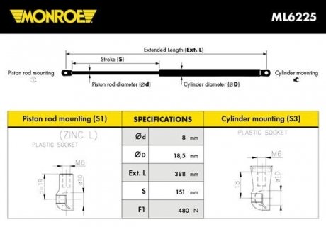 Амортизатор капота MONROE ML6225