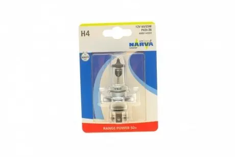Автолампа H4 12V 60/55W P43t-38 Range Power 50+ (Blister) NARVA 488614000