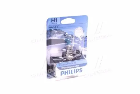 Лампа накаливания H1 WhiteVision ultra 12V 55W P14,5s (+60) (3700K) blister PHILIPS 12258WVUB1