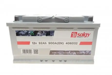 Акумуляторна батарея 92Ah/900A (315x175x190/+R/B13) (Start-Stop AGM) Solgy 406032