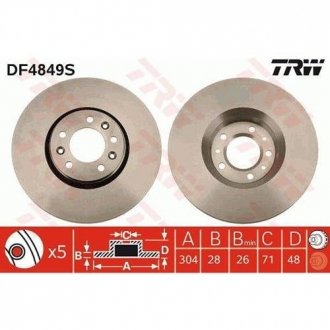 Диск тормозной передний, 07- (304x48mm*5отв.) TRW DF4849S