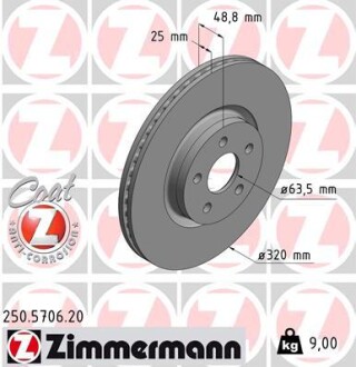 Диск гальмівний (передній) Ford Transit Connect 1.5 EcoBlue 15- (320x25) ZIMMERMANN 250.5706.20