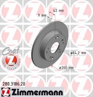 Тормозной диск задний honda civic с 2006г (260x9) ZIMMERMANN 280318620