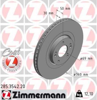 Диск тормозной (передний) Kia Sorento 15-/Hyundai Santa Fe 18- (340х30) ZIMMERMANN 285.3542.20