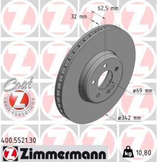 Диск тормозной (передний) MB E-class (W213)/GLC-class (X253) 16- (342x32) ZIMMERMANN 400.5521.30