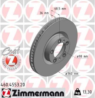 Диск тормозной (передний) Porsche Taycan 19- (360x36) (L) ZIMMERMANN 460.4553.20